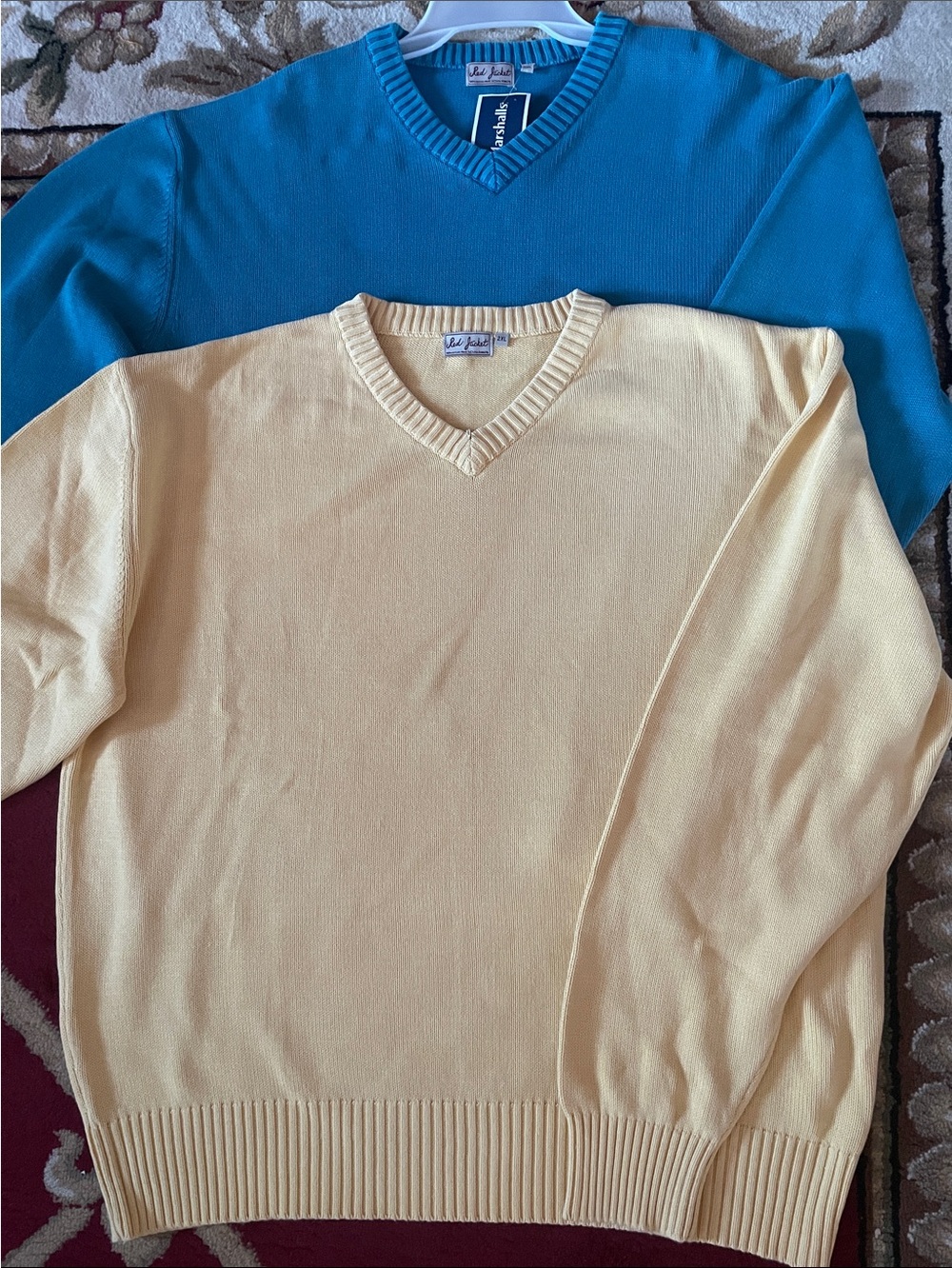 Red Jacket Men's V-Neck Sweaters in Light Yellow and Teal
